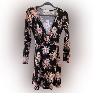 Derek Heart Women’s Black Pink Floral Faux Wrap Dress Stretchy Medium